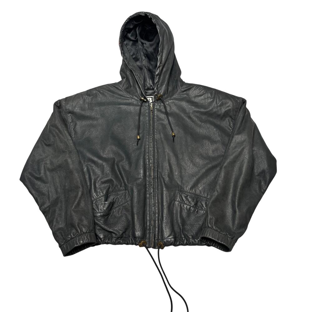 Vintage BP Nordstrom Leather Hooded Bomber Jacket Medium Streetwear Y2K